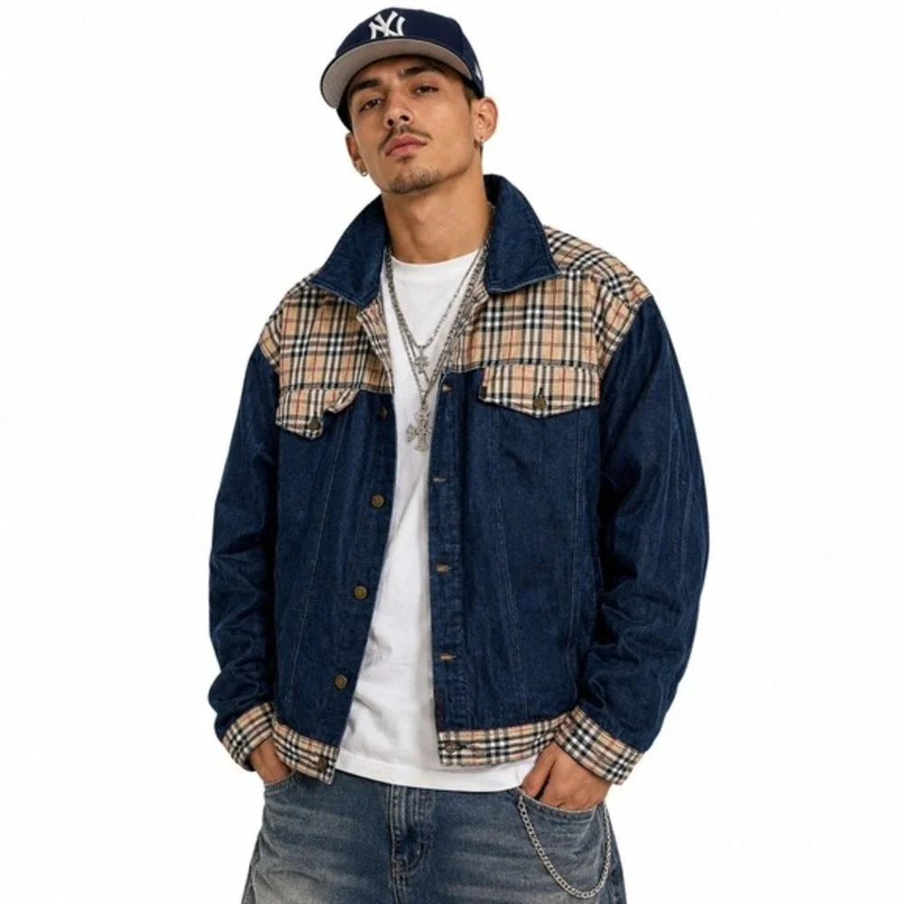Y2K The Hip-hop Elements T.H.E. Denim Trucker Jacket Plaid Nova Check Mens‎ XL